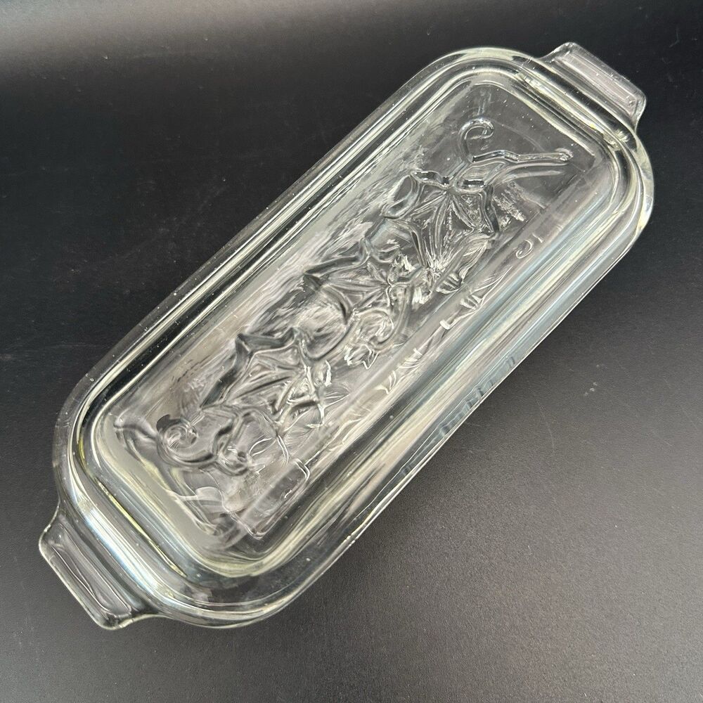 Vintage Hazel Atlas Ivy Butter Dish Clear Pressed Glass Lidded MCM Cottagecore
